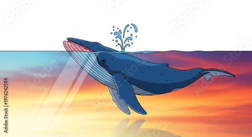 A vibrant vector illustration of a whale breaching the ocean surface at sunset