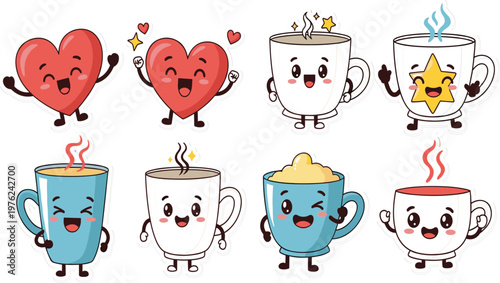 Cute Kawaii Coffee Cup and Heart Character Vector Set with Happy Cartoon Faces for Stickers Emoji Design and Fun Beverage Illustration Collection