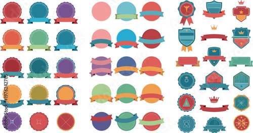 Colorful Award Badge, Ribbon, and Shield Set with Various Shapes and Crown Designs for Recognition, Achievement, and Promotion Graphics