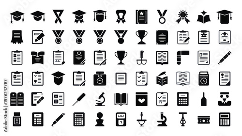 Set of 64 Black and White Education Vector Icons