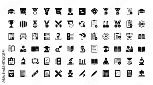Set of 70 Black and White Education Glyphs Vector Icons