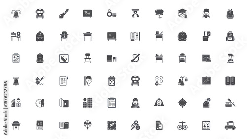 Set of 70 Black and White Glyph School Education Icons Vector
