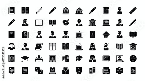 Set of 60 Black Education and Learning Glyph Icons Vector