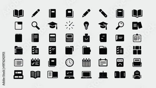 Set of 50 black and white education and office icons vector