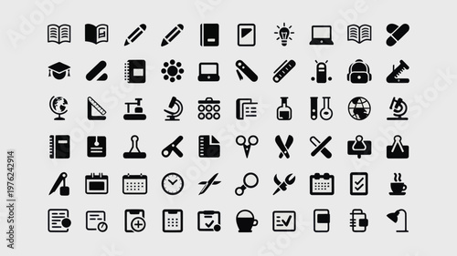 Set of 60 Black Education and Learning Icons Vector