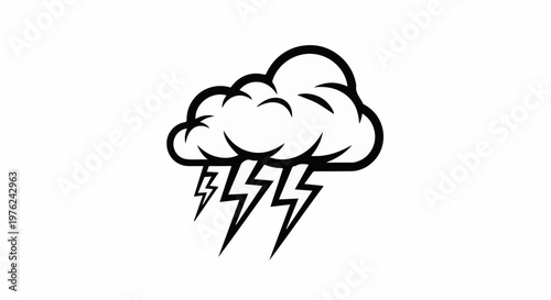 Stylized storm cloud with lightning bolts depicted in black and white