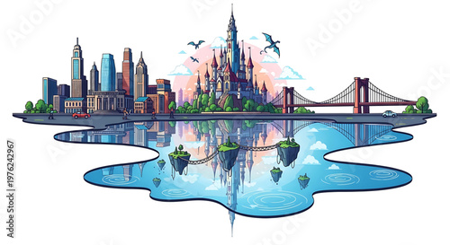 A vibrant cityscape illustration featuring iconic landmarks and a serene waterway