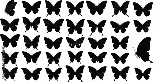 Black butterfly silhouettes collection vector illustration isolated on white background diverse insect shapes decorative design elements for pattern branding and artwork