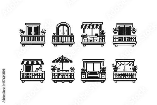 Collection of pixel art balconies with various designs and decorative elements