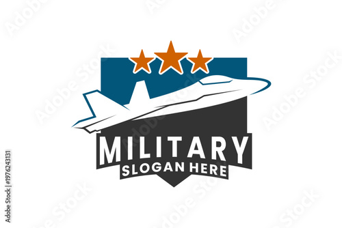 Military Fighter Jet Emblem with Stars Vector Logo Design. Military Fighter Jet Logo Template
