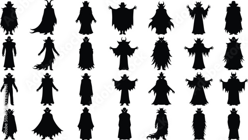 Fantasy character silhouettes collection vector illustration dark cloaked figures with horns and robes isolated on white background spooky design elements