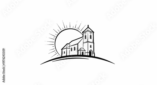 Stylized outline of a church with a sunburst behind it on a hill