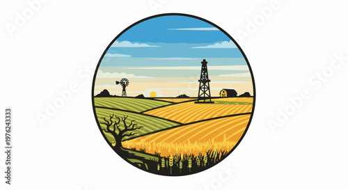 Stylized rural landscape with windmill, barn, oil rig, and fields