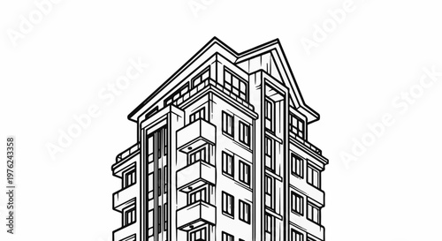Stylized line drawing of a multi-story building with balconies and a peaked roof