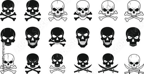 Skull and crossbones silhouettes collection vector illustration pirate symbols isolated on white background dark gothic design elements for tattoos branding