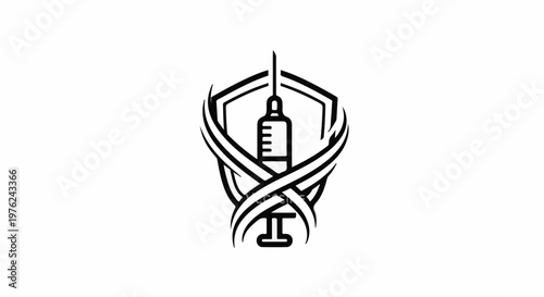 Stylized medical syringe and shield emblem