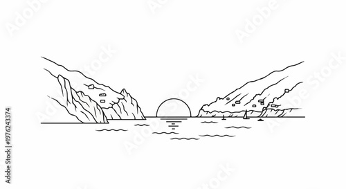 Stylized outline of a coastal sunset with sailboats and cliffside dwellings