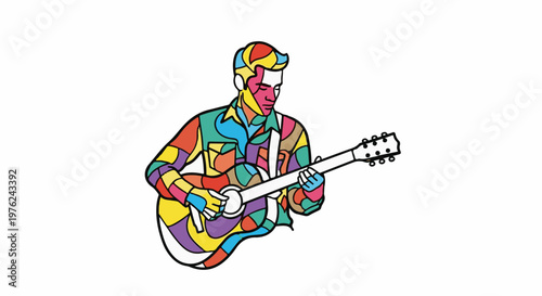 Stylized man in colorful geometric pattern plays an acoustic guitar