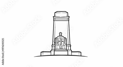 Stylized line drawing of a seated figure within a monumental structure