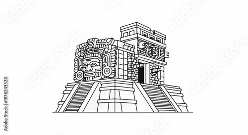 Stylized illustration of an ancient stone temple structure with carved face