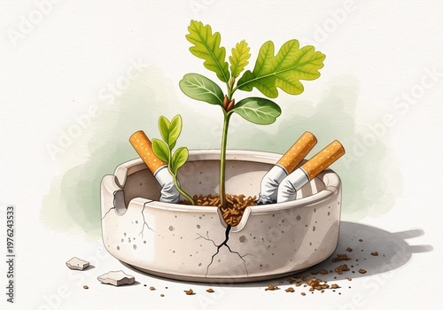 Oak seedling growing in cracked ceramic ashtray with cigarette stubs  
