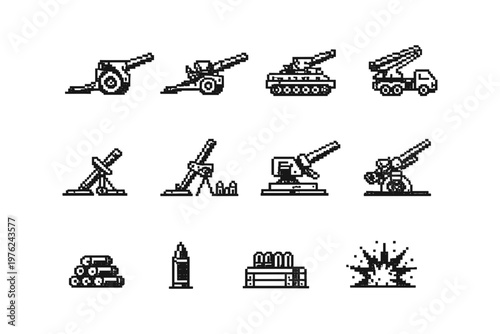 Pixel art collection of various artillery weapons and ammunition on a white background