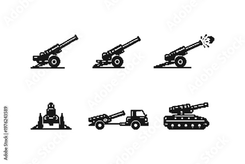 Various artillery and military vehicle icons in pixel art style