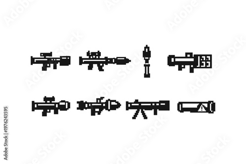 Pixel art collection of various rocket-propelled grenade launchers and launchers