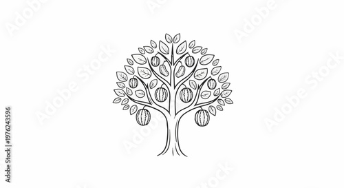 Stylized sketch of a fruit-laden tree with broad leaves and varied fruit shapes