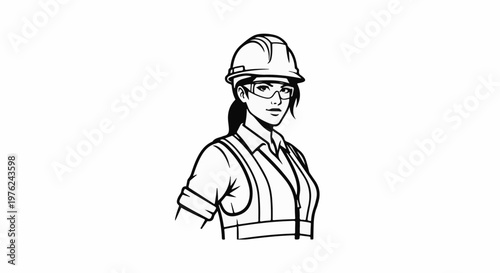 Stylized illustration of a woman wearing a hard hat, safety glasses, and vest