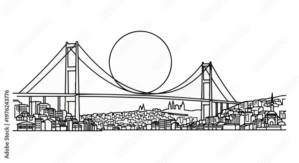 Fototapeta premium Stylized line drawing of a suspension bridge over a city