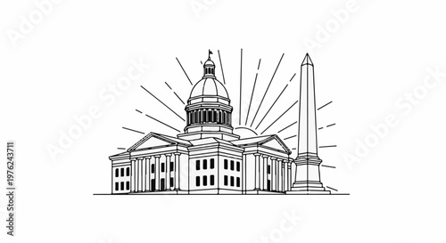 Stylized monochrome line art of a grand government building with a dome and an obelisk