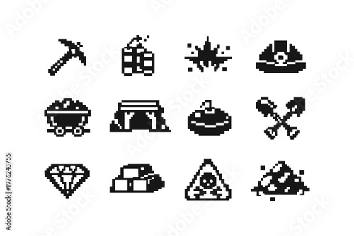 Pixel art icons for mining and treasure hunting games