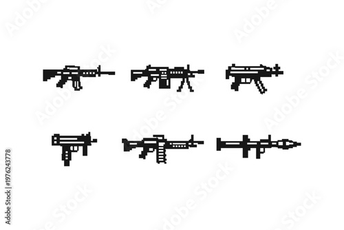 Collection of pixel art icons representing various firearms and weaponry