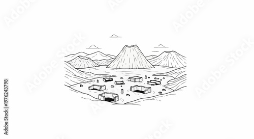 Stylized illustration of a volcanic landscape with icebergs floating in water