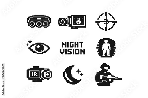 Pixel art icons for night vision technology and surveillance equipment