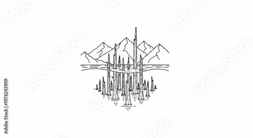 Stylized mountain landscape with striking, sharp rock formations rising from water