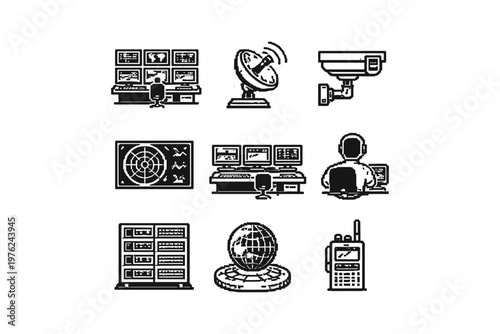 Collection of surveillance and monitoring icons in a flat design style