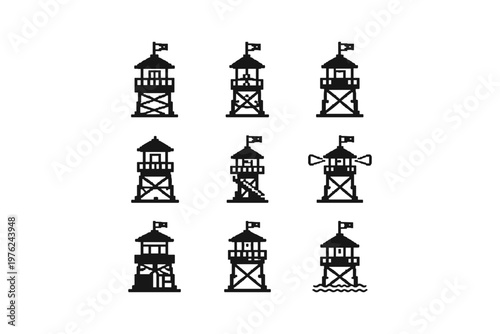 Collection of pixel art lifeguard towers with flags and different designs