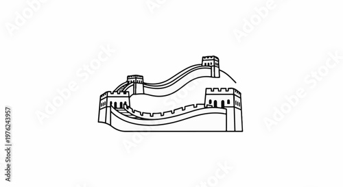 Stylized line art of a winding ancient wall with watchtowers on a hill