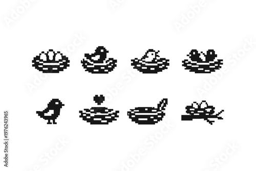 Collection of pixel art bird nests with eggs and chicks