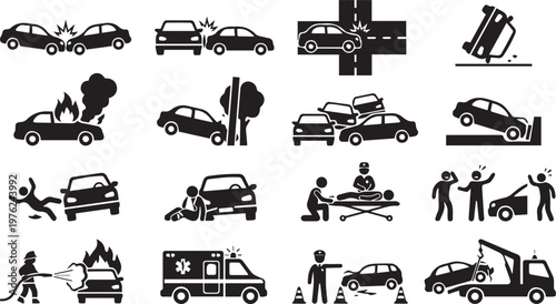 Farm animals collection and transportation vector set featuring a black truck, delivery van, and car silhouette icons for auto transport design