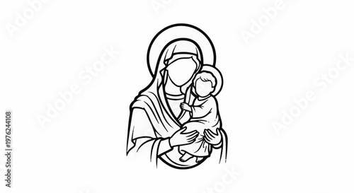 Stylized line art of Mary holding baby Jesus with a halo