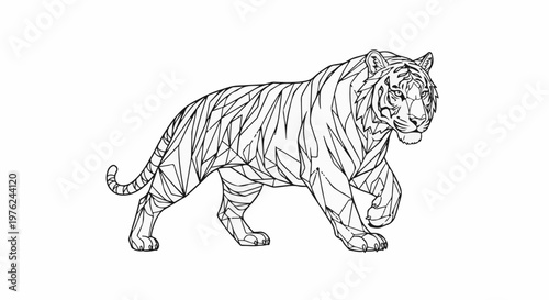 Stylized line drawing of a walking tiger with geometric patterns