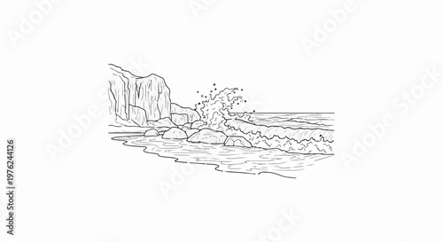 Stylized line drawing of a wave crashing on rocky shore