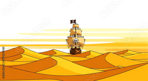 A vector graphic illustration of a pirate ship sailing through a desert landscape with sand dunes