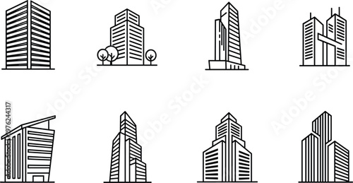 Modern City Building Line Icon Set with Skyscrapers Office Towers and Urban Architecture for Real Estate Design and Construction Graphics