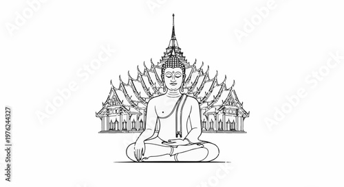 Stylized line art of a serene Buddha seated in meditation before ornate temple architecture
