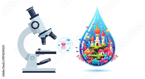 A colorful vector illustration of a microscope next to a water droplet with a fantasy castle and marine life inside