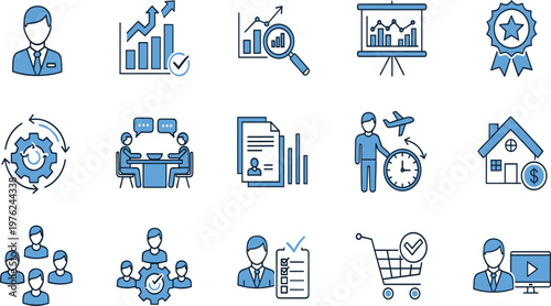  Business Strategy Icon Set with Analytics Growth Teamwork Presentation Shopping and Management Symbols for Corporate Workflow and Marketing Design